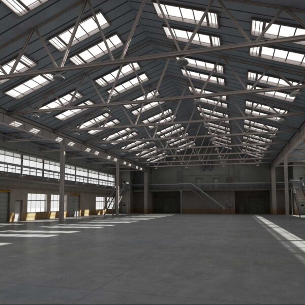 A large warehouse with lots of windows and lights.