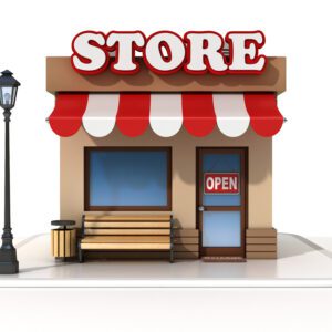 A store with an open sign and a bench.