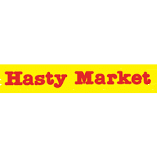 A yellow and red sign that says hasty market.