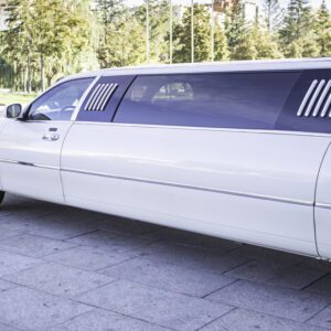 A white limo parked on the side of a road.