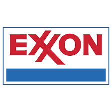 A red and white exxon sign sitting on top of a blue line.