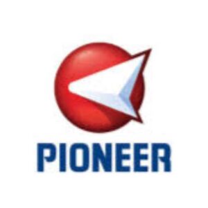 A red and white logo for pioneer