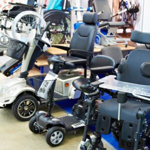 Electric mobility scooters and wheelchairs.